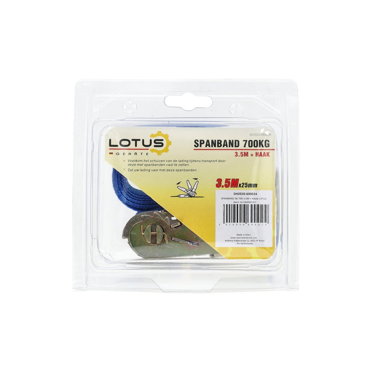 Spanband 2,5 m met ratel en haak Lotus2 Spanband 2,5 m met ratel en haak Lotus2