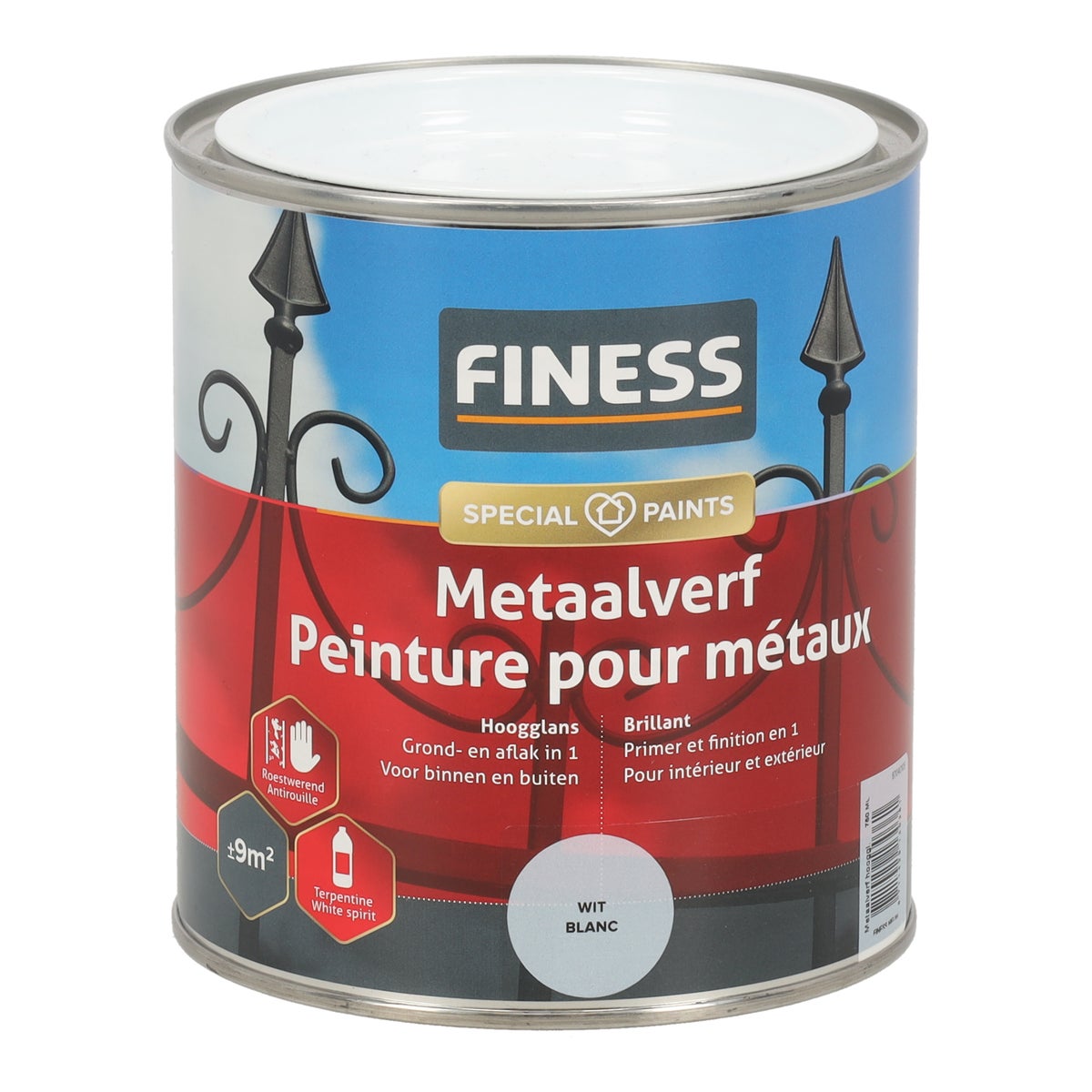 Metaalverf hoogglans wit 9010 750 ml Finess Metaalverf hoogglans wit 9010 750 ml Finess