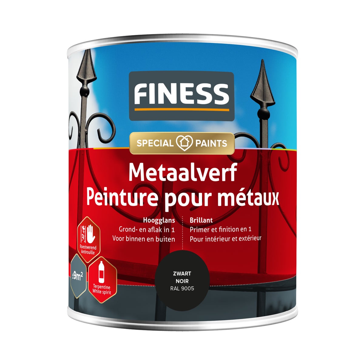 Metaalverf hoogglans zwart 750ml Finess Metaalverf hoogglans zwart 750ml Finess