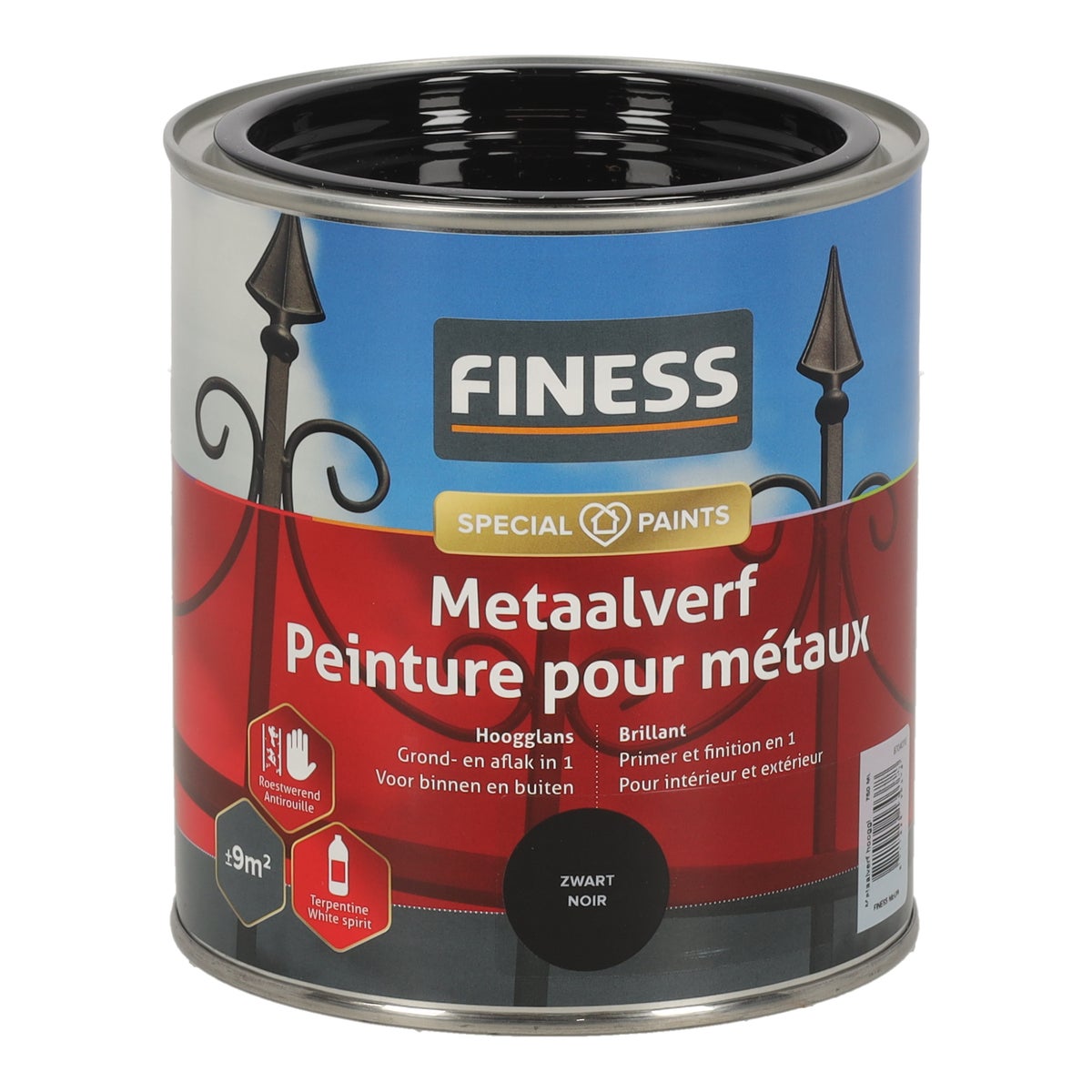 Metaalverf hoogglans zwart 750ml Finess Metaalverf hoogglans zwart 750ml Finess