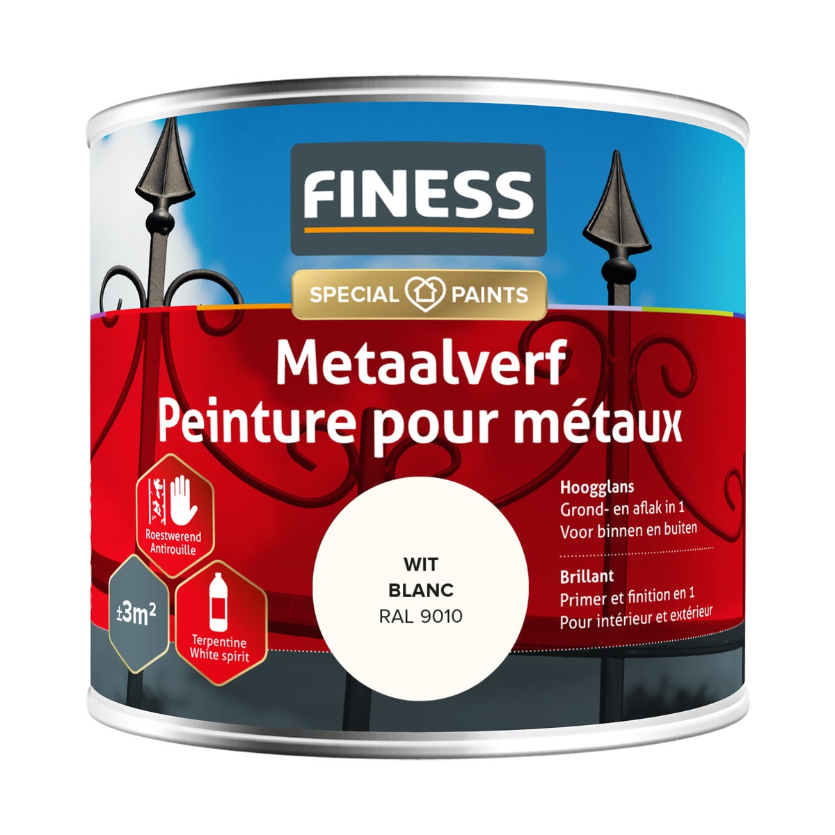 Metaalverf hoogglans wit 9010 250 ml Finess Metaalverf hoogglans wit 9010 250 ml Finess