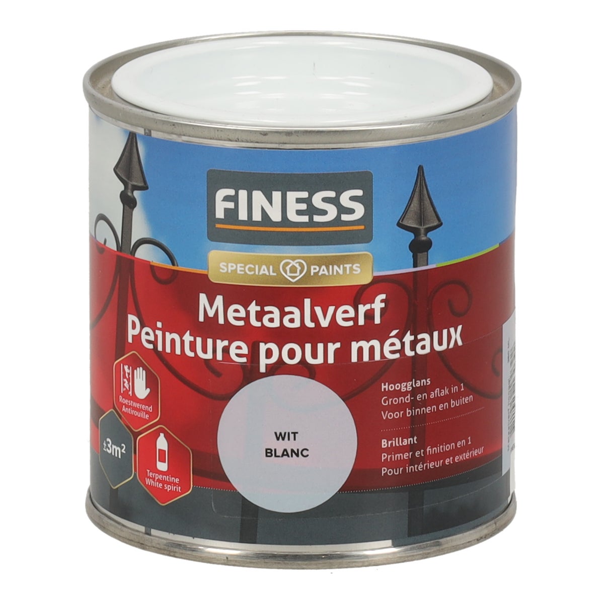 Metaalverf hoogglans wit 9010 250 ml Finess Metaalverf hoogglans wit 9010 250 ml Finess