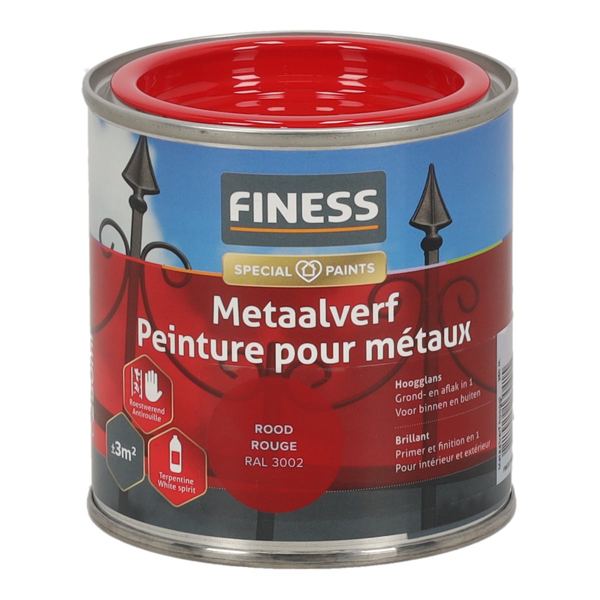 Metaalverf hoogglans rood 3002 250ml Finess Metaalverf hoogglans rood 3002 250ml Finess