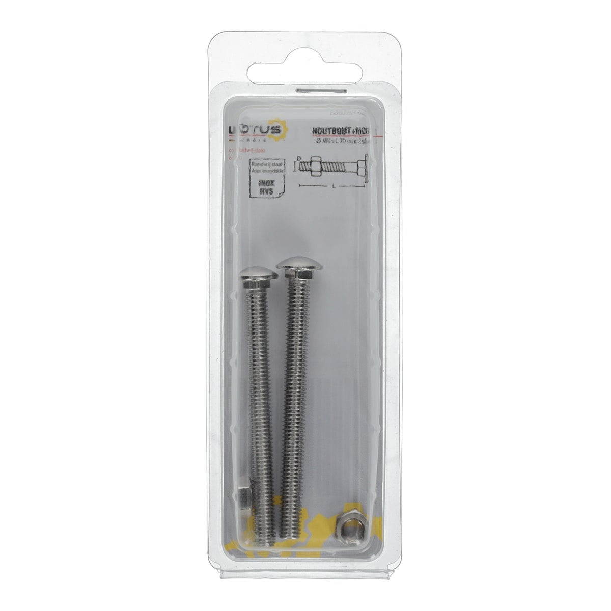 Houtbout en moer RVS M6 x 70 mm 2 stuks Lotus Houtbout en moer RVS M6 x 70 mm 2 stuks Lotus
