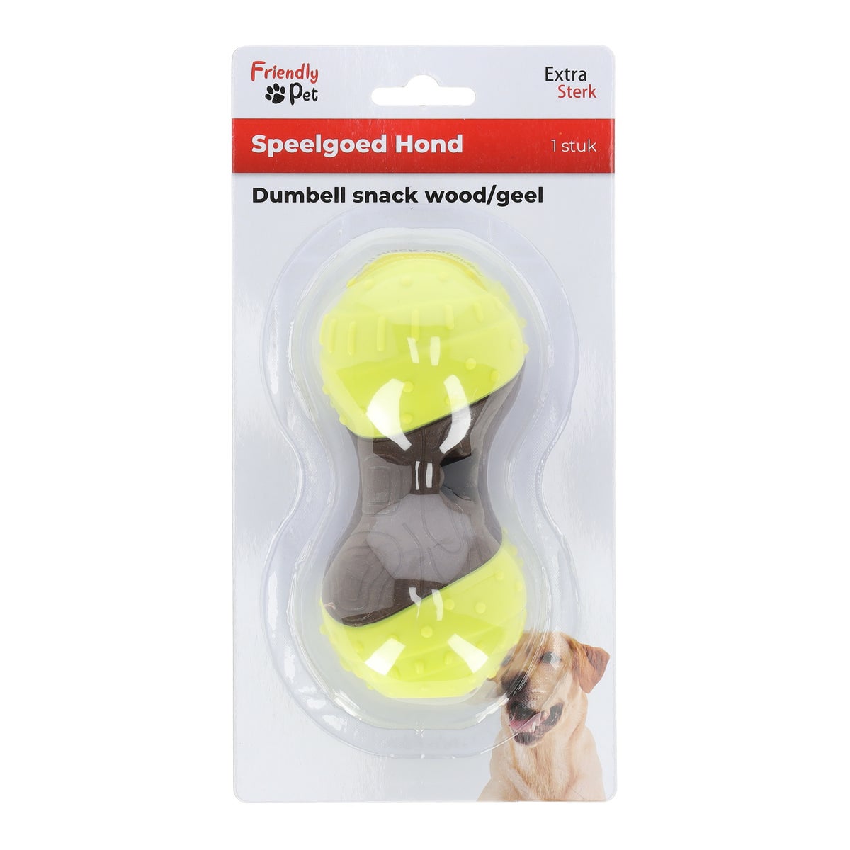 Hondenspeelgoed snack dumbell wood/geel Hondenspeelgoed snack dumbell wood/geel