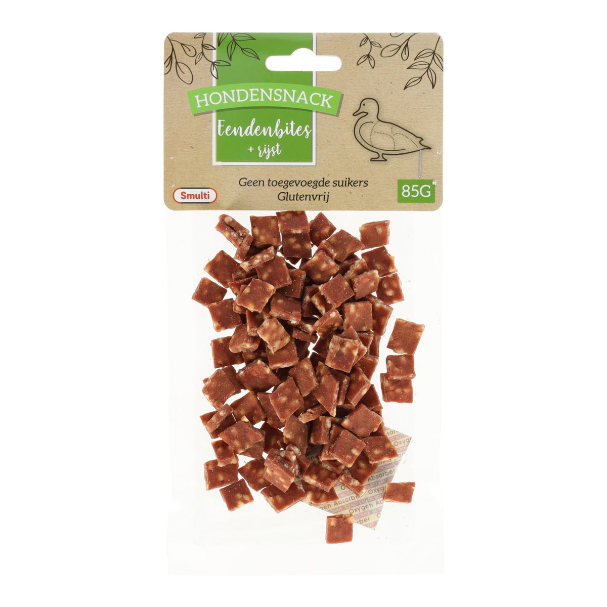 Hondensnack eend+rijst bites 85G Hondensnack eend+rijst bites 85G