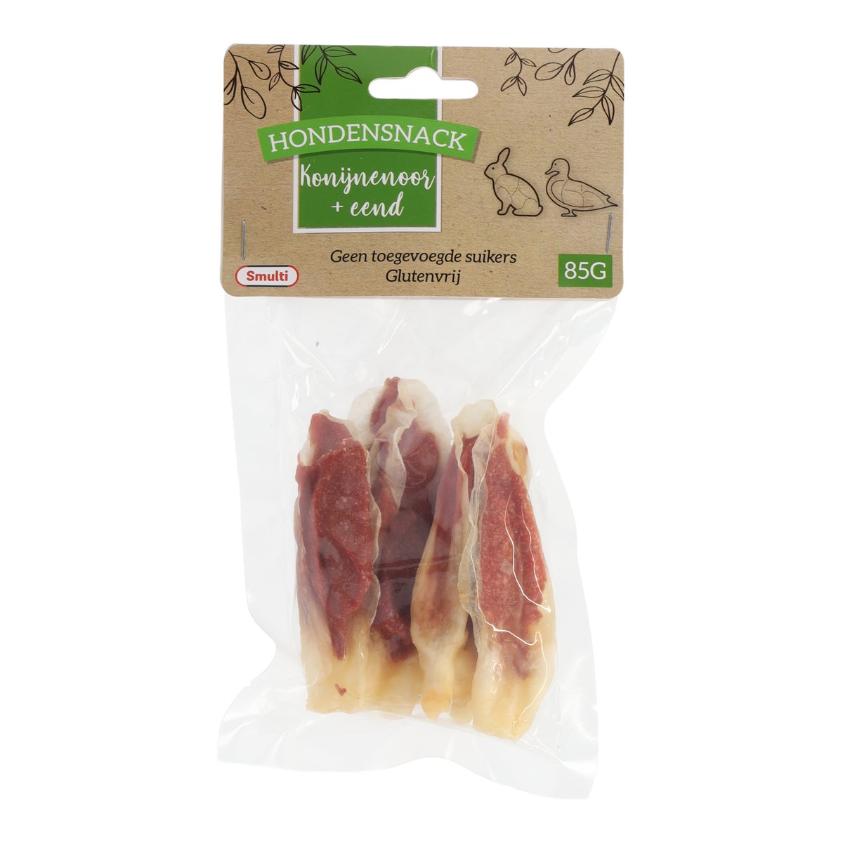Hondensnack konijnoor+eend 85G Hondensnack konijnoor+eend 85G