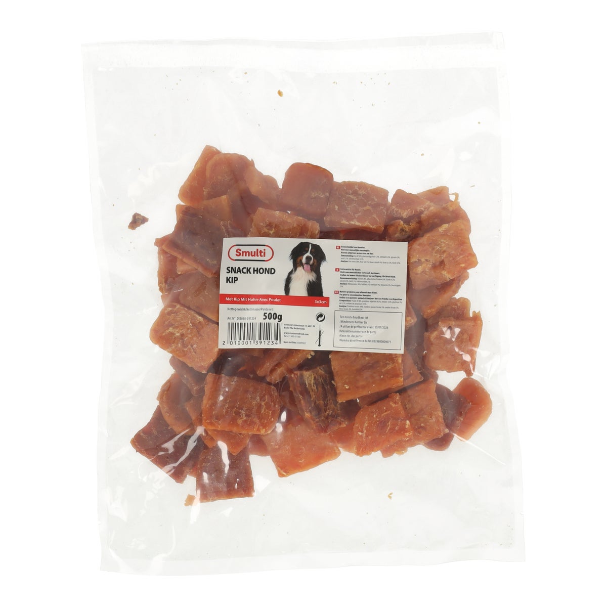 Hondensnack kip 3x3cm 500gr Hondensnack kip 3x3cm 500gr