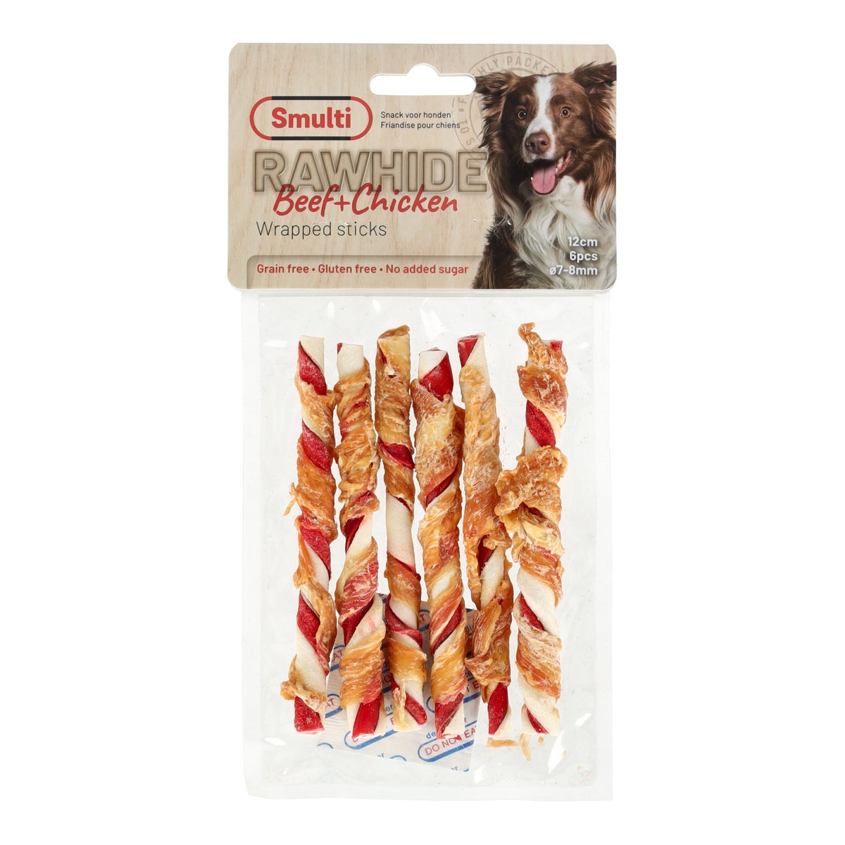 Hondensnack rawhide staaf + kip 7/8mm 12cm 70g Smulti Hondensnack rawhide staaf + kip 7/8mm 12cm 70g Smulti