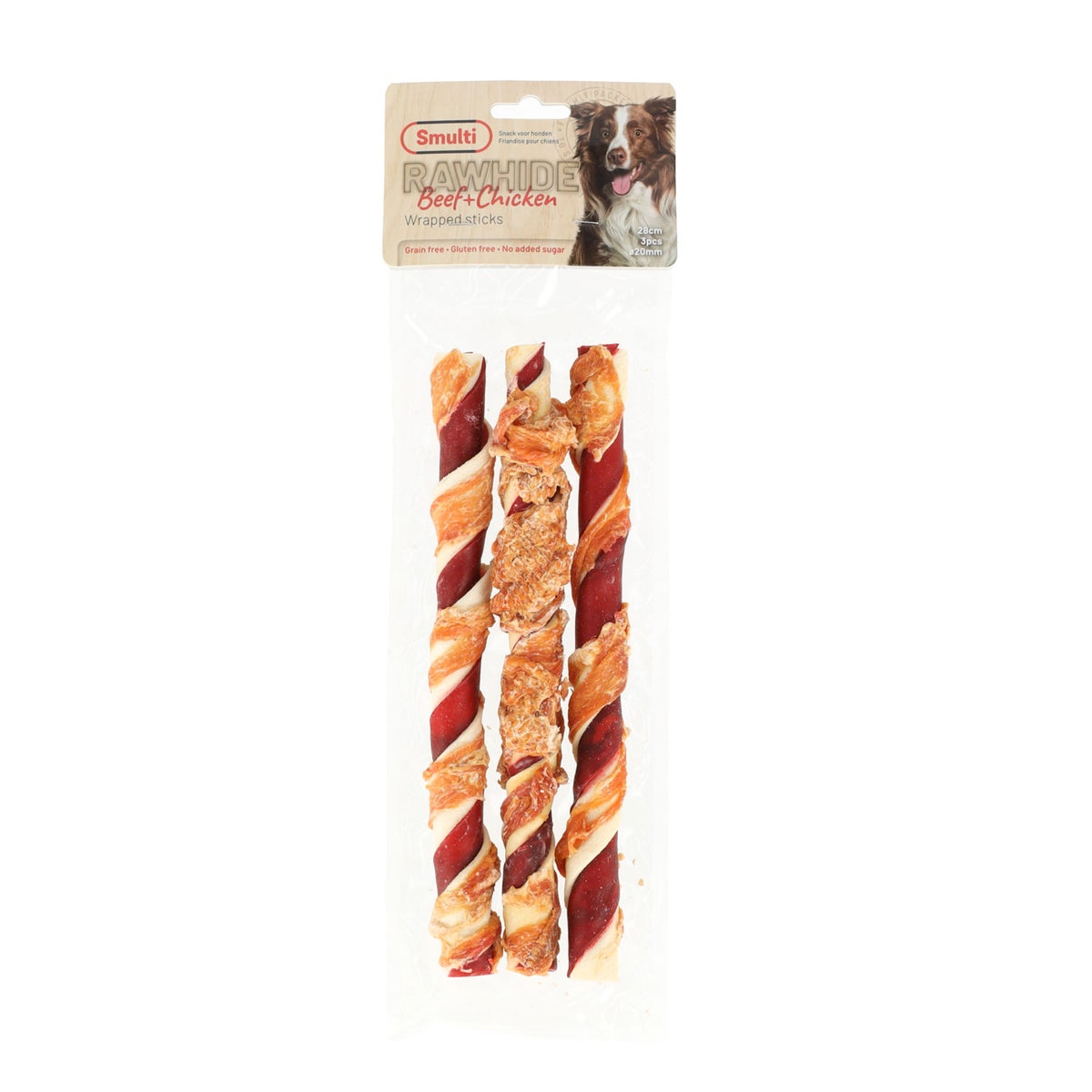 Hondensnack rawhide staaf + kip 20mm 28cm 280g Smulti Hondensnack rawhide staaf + kip 20mm 28cm 280g Smulti