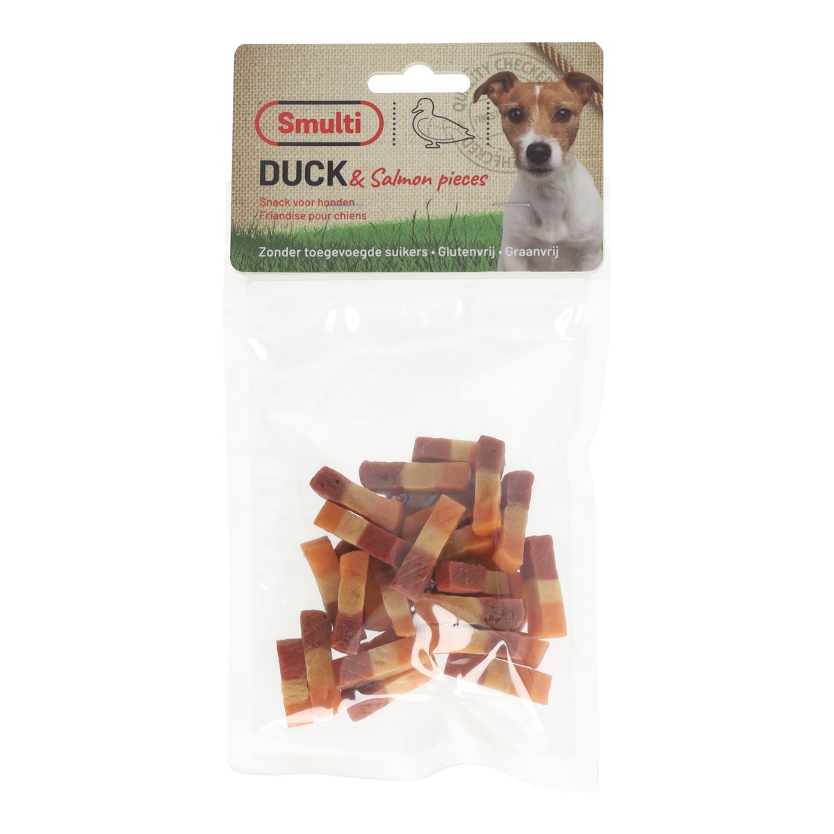 Hondensnack stukjes eend en zalm 85 g Hondensnack stukjes eend en zalm 85 g