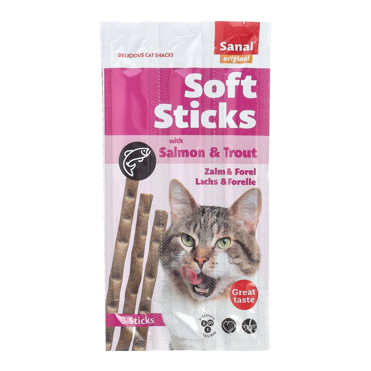 Kattensnack soft sticks zalm en forel Sanal Kattensnack soft sticks zalm en forel Sanal