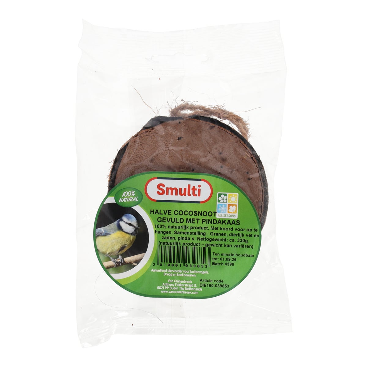 Halve cocosnoot gevuld met pindakaas Smulti Halve cocosnoot gevuld met pindakaas Smulti