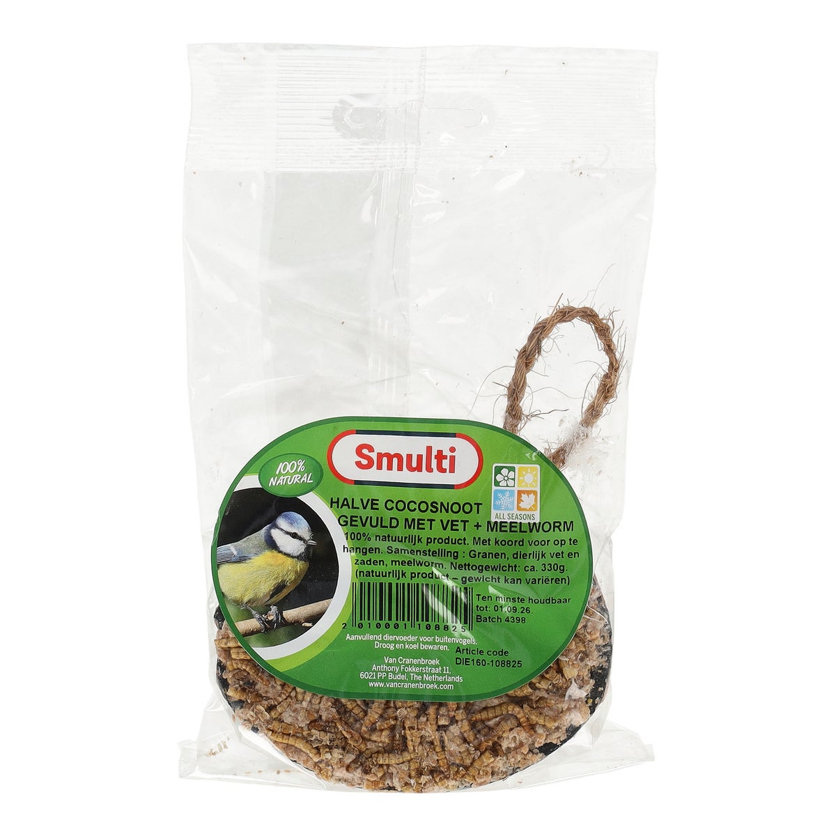 Halve cocosnoot gevuld met vet en meelworm Smulti Halve cocosnoot gevuld met vet en meelworm Smulti
