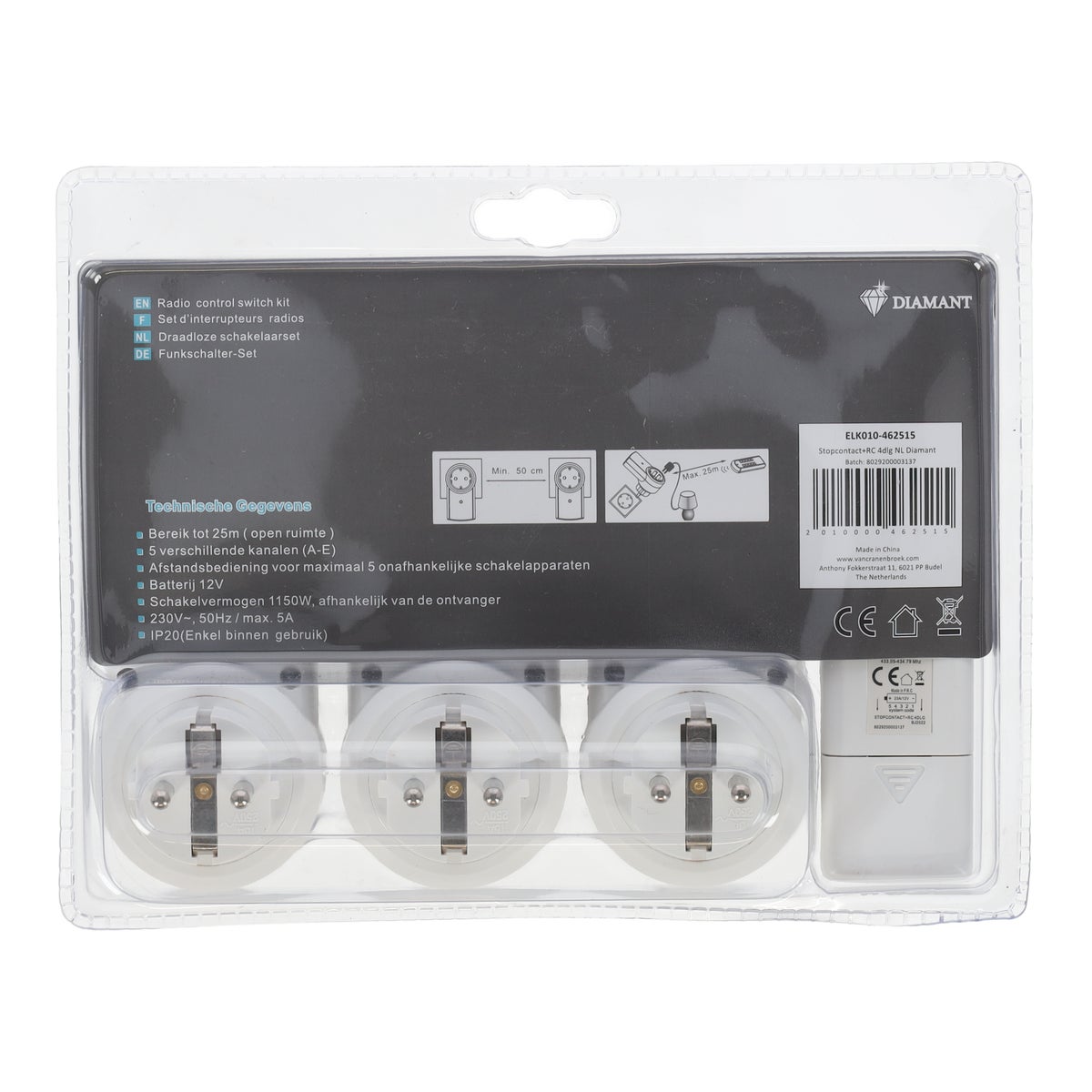 Stopcontact met afstandsbediening 4-delig NL Diamant Stopcontact met afstandsbediening 4-delig NL Diamant