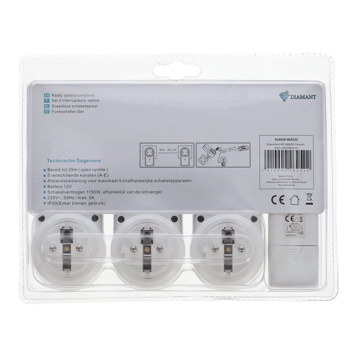 Stopcontact met afstandsbediening 4-delig BE Diamant Stopcontact met afstandsbediening 4-delig BE Diamant