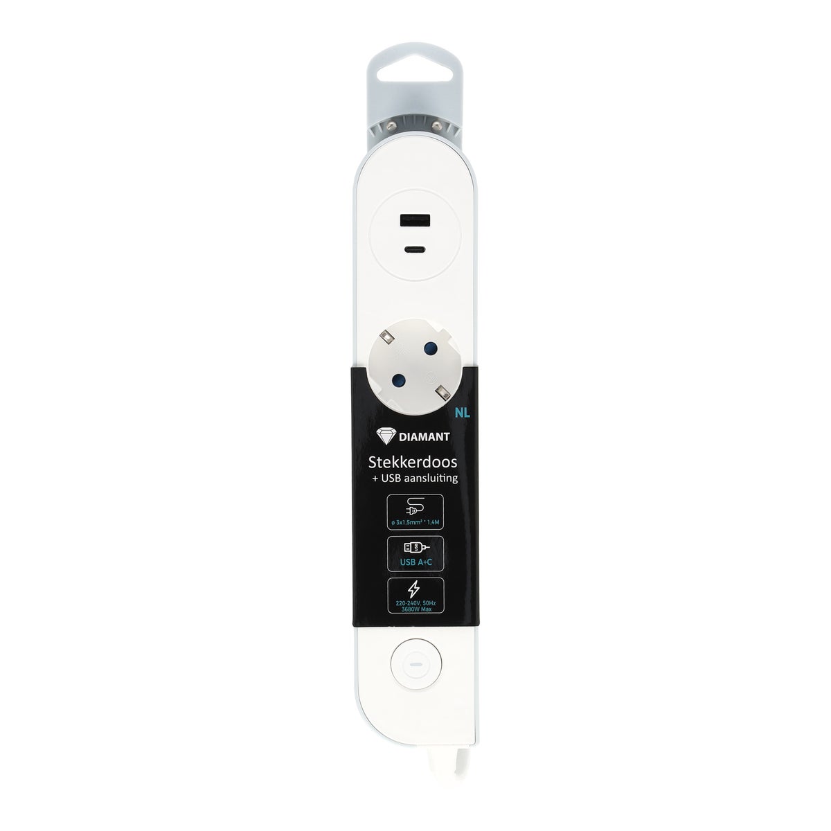 Stekkerdoos 3-voudig met USB-A en USB-C 1,4 m NL Diamant Stekkerdoos 3-voudig met USB-A en USB-C 1,4 m NL Diamant