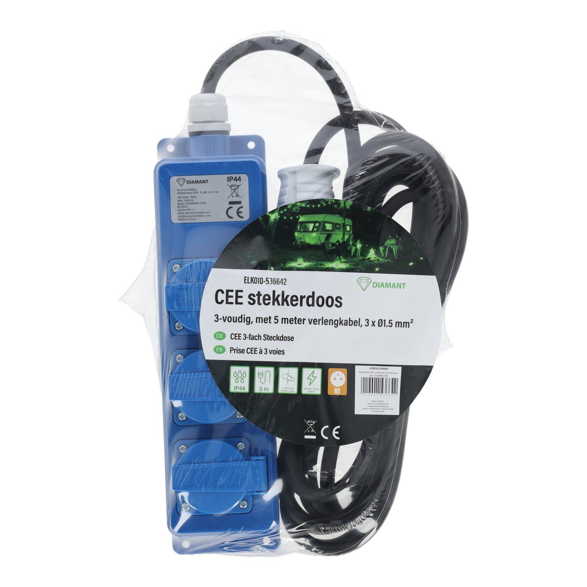 Stekkerdoos CEE -3v BE 3 x 1,5 5m Diamant Stekkerdoos CEE -3v BE 3 x 1,5 5m Diamant