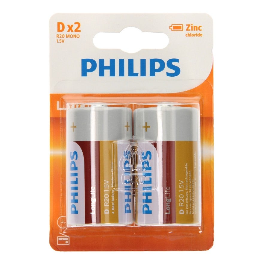 Batterij D R20 Longlife 2 stuks Philips Batterij D R20 Longlife 2 stuks Philips