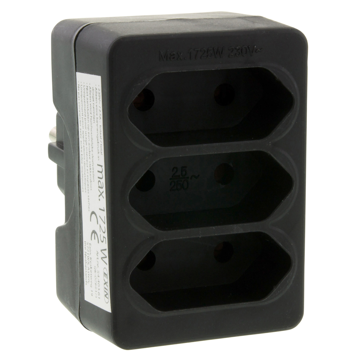 Stekker euro drieweg 2,5A zwart Stekker euro drieweg 2,5A zwart