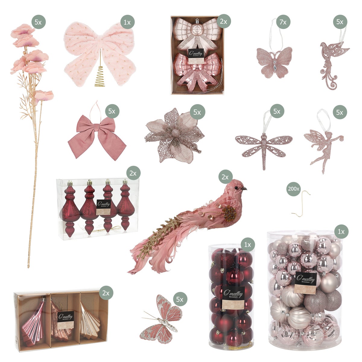 Kerstboom decoratiepakket Enchanted Garden – roze en kersenrood Kerstboom decoratiepakket Enchanted Garden – roze en kersenrood