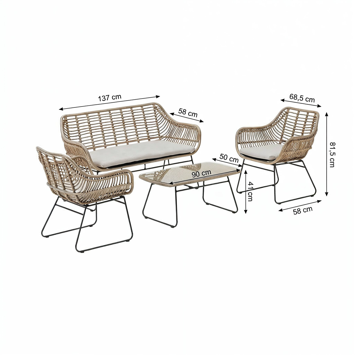 Bank-stoel Loungeset Filetti - Naturel - 4-zits Bank-stoel Loungeset Filetti - Naturel - 4-zits