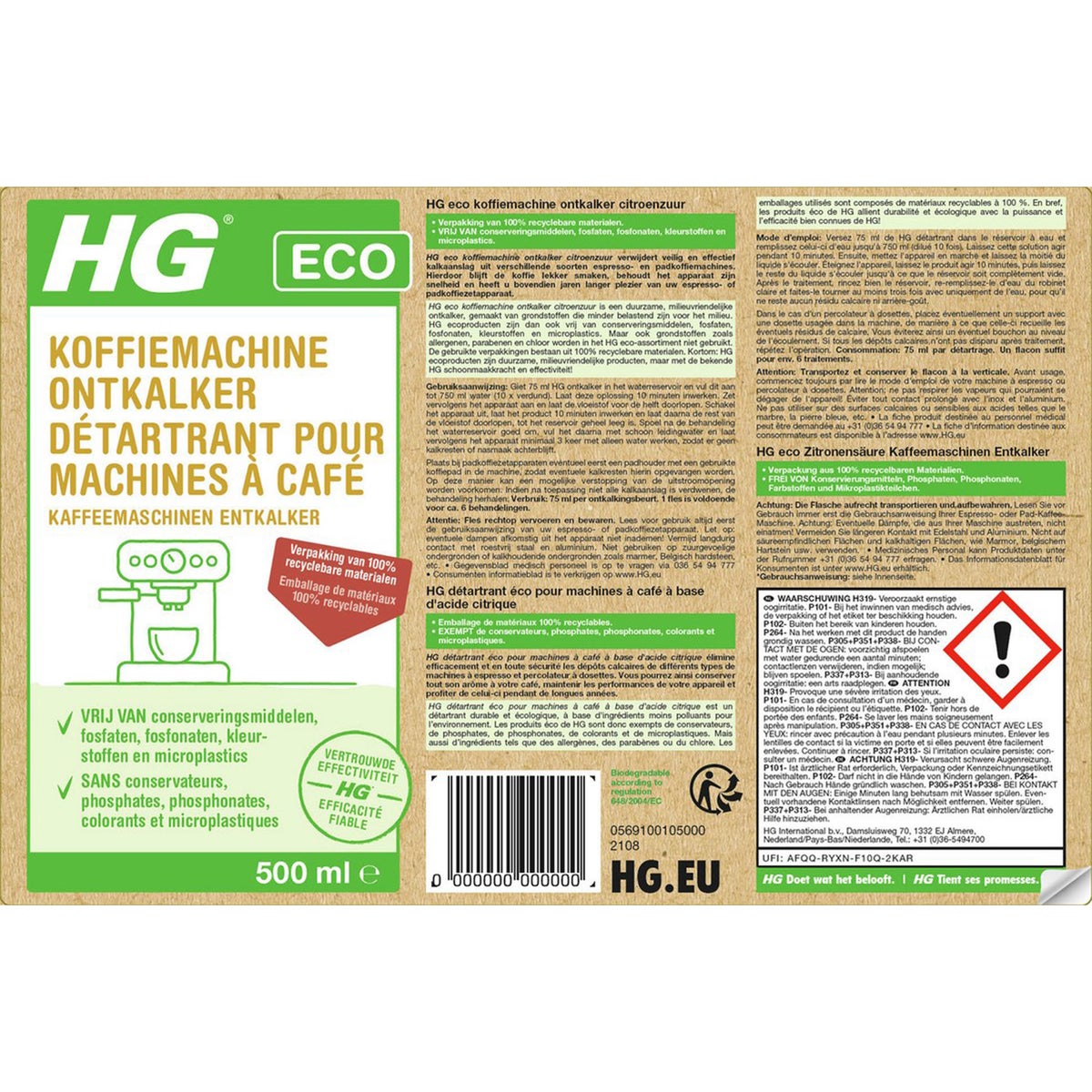 HG ECO koffiemachine ontkalker citroenzuur 0.5L NL/BE HG ECO koffiemachine ontkalker citroenzuur 0.5L NL/BE