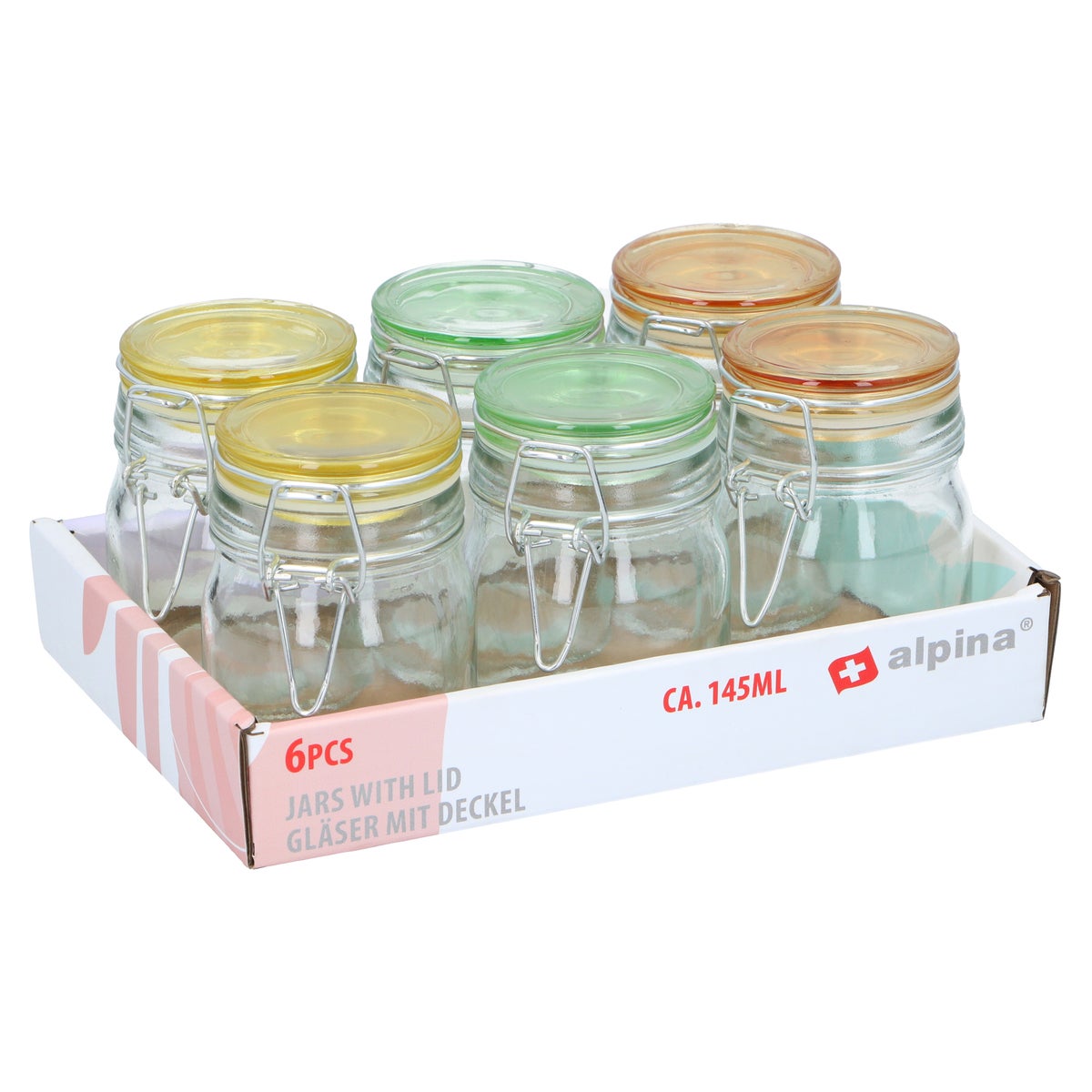 Pot glas + deksel gekleurd 6st Alpina Pot glas + deksel gekleurd 6st Alpina