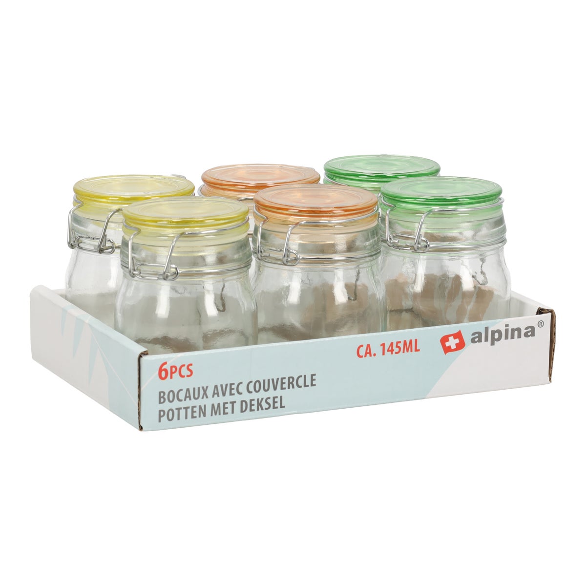 Pot glas + deksel gekleurd 6st Alpina Pot glas + deksel gekleurd 6st Alpina