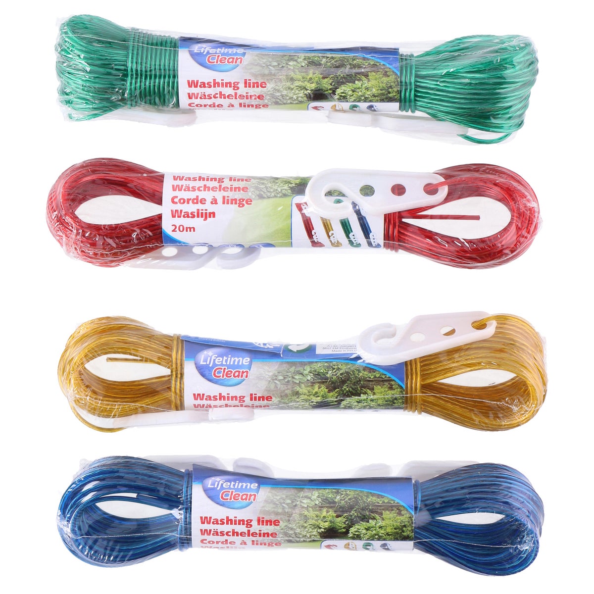 Waslijn 20 meter, 4 stuks, diverse kleuren van Lifetime Waslijn 20 meter, 4 stuks, diverse kleuren van Lifetime