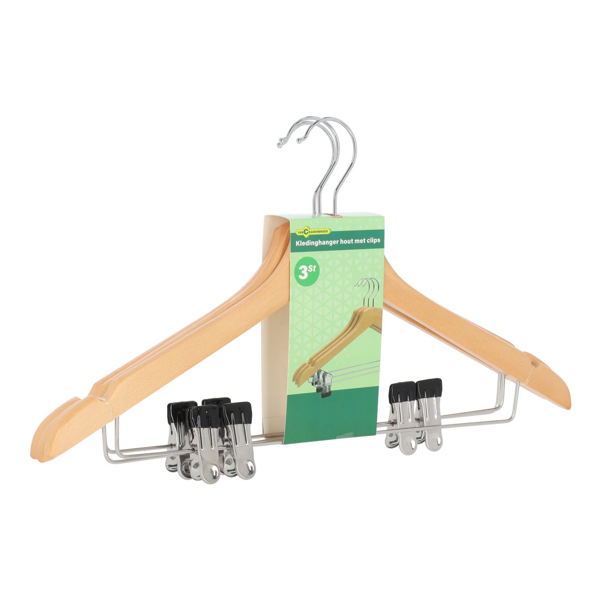 Kledinghanger hout met clips 3st. Kledinghanger hout met clips 3st.