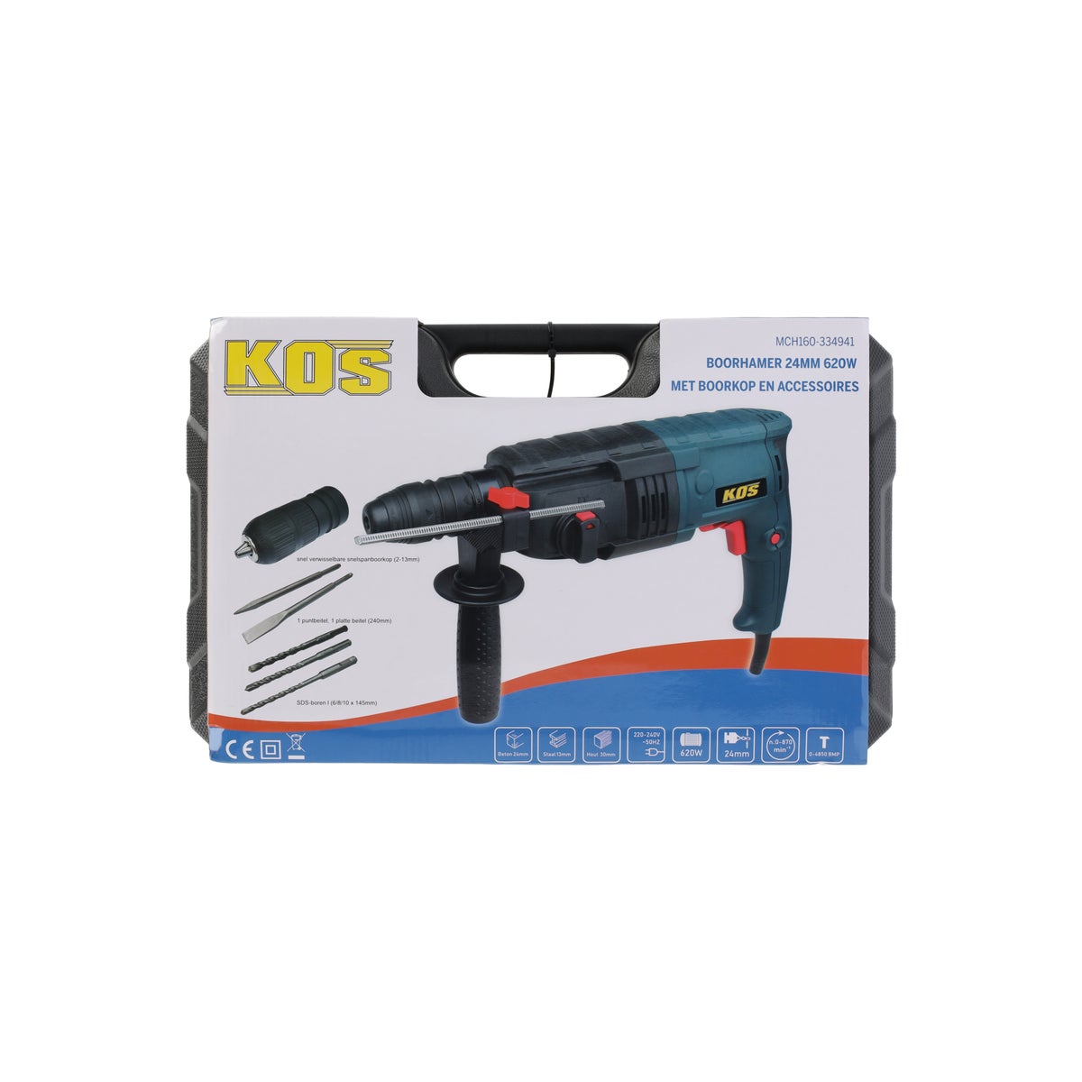 Boorhamer 24 mm 620W met boorkop en accessoires Boorhamer 24 mm 620W met boorkop en accessoires