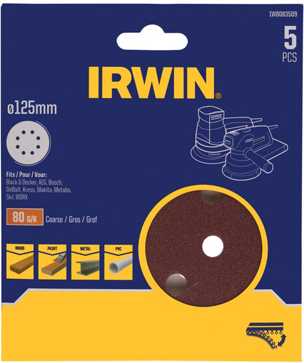 Schuurschijf Ø125 mm K80 5 stuks Irwin Schuurschijf Ø125 mm K80 5 stuks Irwin