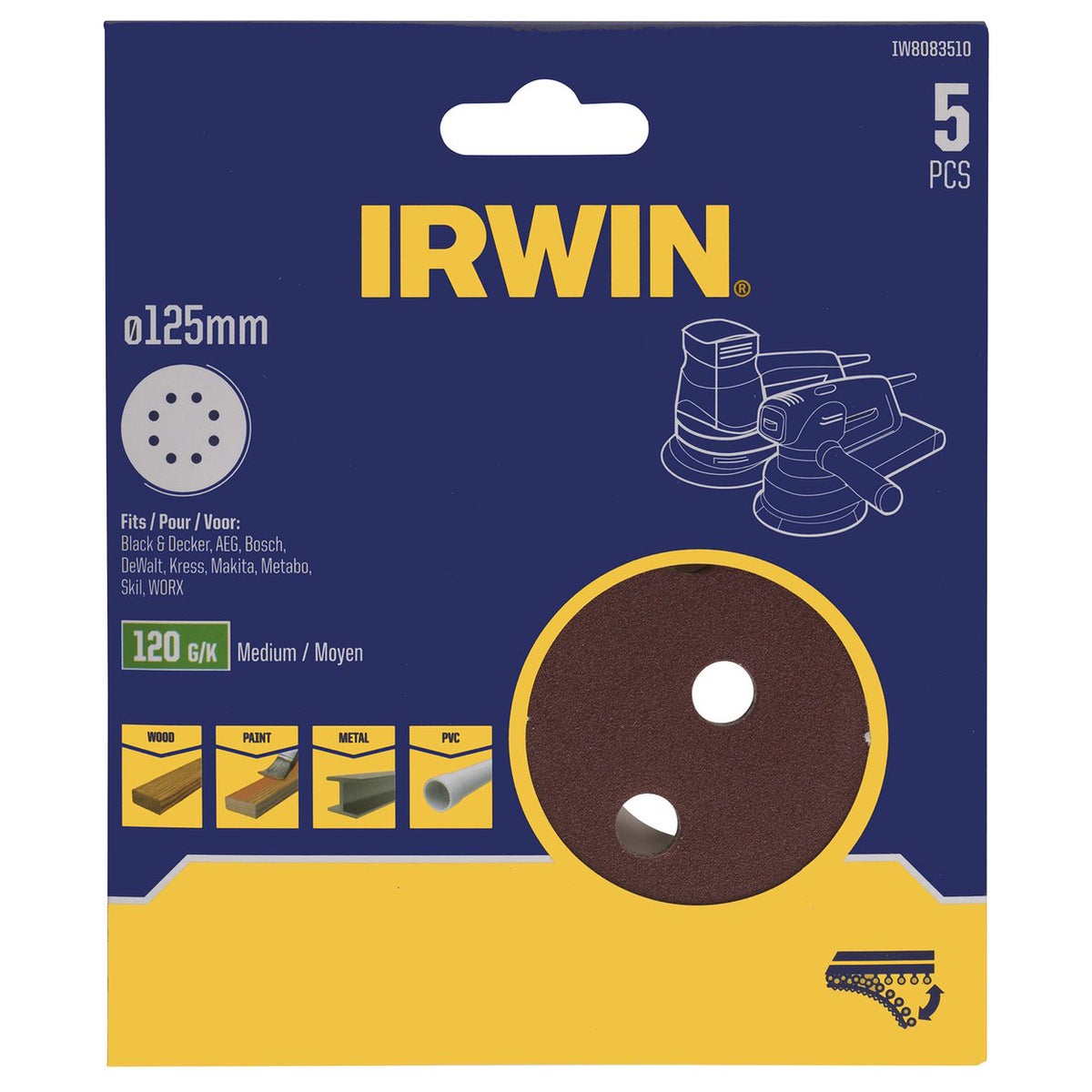 Schuurschijf Ø125 mm K120 5 stuks Irwin Schuurschijf Ø125 mm K120 5 stuks Irwin