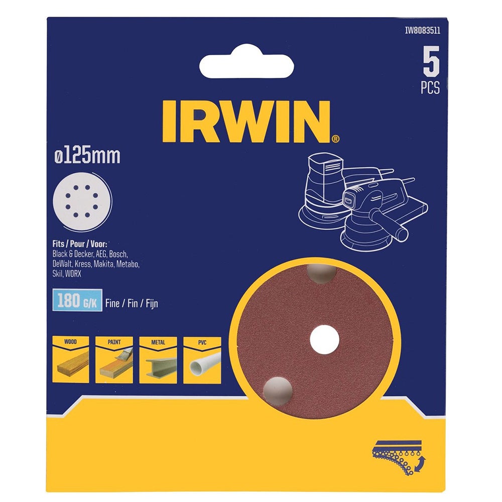 Schuurschijf Ø125 mm K180 5 stuks Irwin Schuurschijf Ø125 mm K180 5 stuks Irwin