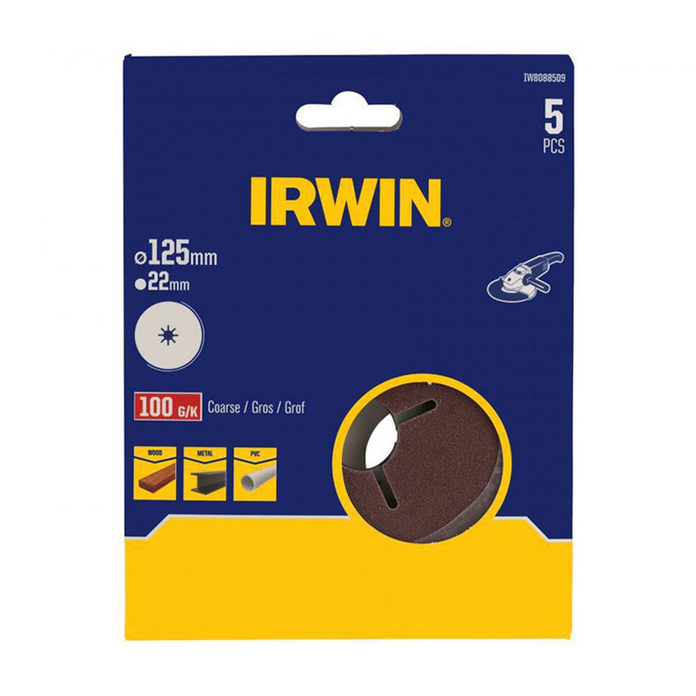 Schuurschijf haakse slijper Ø125 mm K100 5 stuks Irwin Schuurschijf haakse slijper Ø125 mm K100 5 stuks Irwin