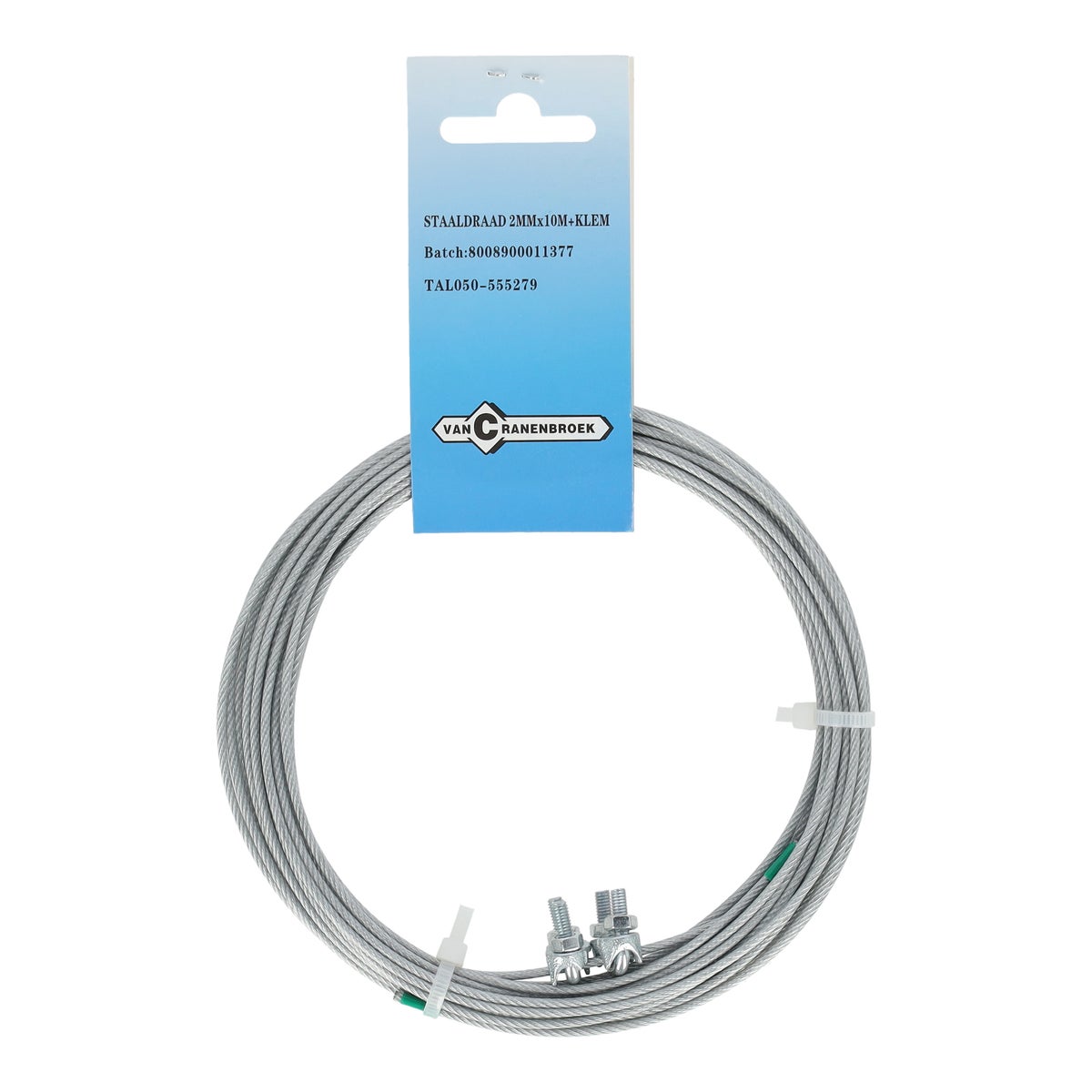 Staaldraad 2 mm x 10 m met klem Staaldraad 2 mm x 10 m met klem