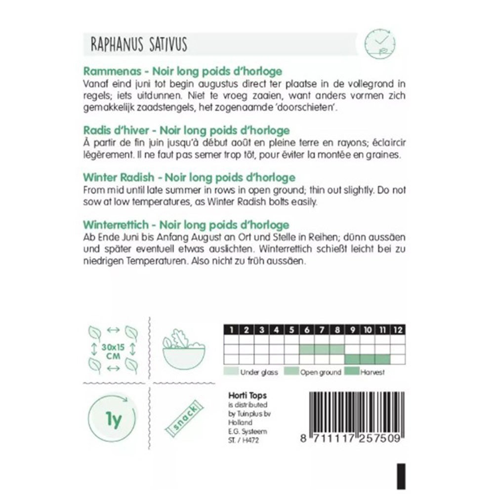 Rammenas Poids D'Horloge lange zwarte, zaad Rammenas Poids D'Horloge lange zwarte, zaad