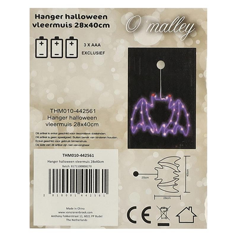 Hanger halloween verlichting vleermuis 28 x 40 cm Hanger halloween verlichting vleermuis 28 x 40 cm