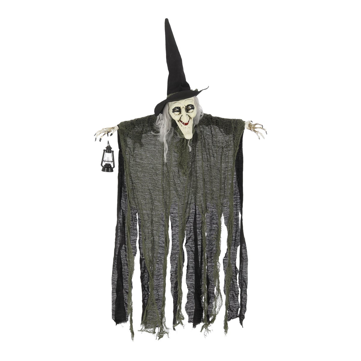 Hangende witte heks met beweging, licht en geluid, 120 cm Hangende witte heks met beweging, licht en geluid, 120 cm