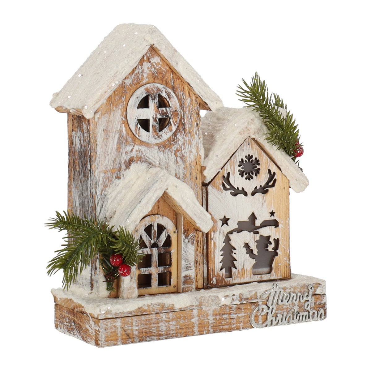 Kersthuis lasercut hout 24 cm met LED verlichting Kersthuis lasercut hout 24 cm met LED verlichting