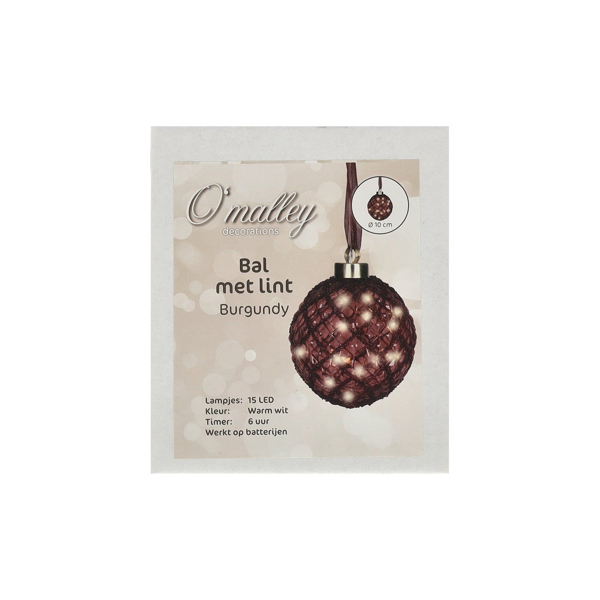 Bal met lint burgundy 10 cm 15 LED-warm wit Bal met lint burgundy 10 cm 15 LED-warm wit