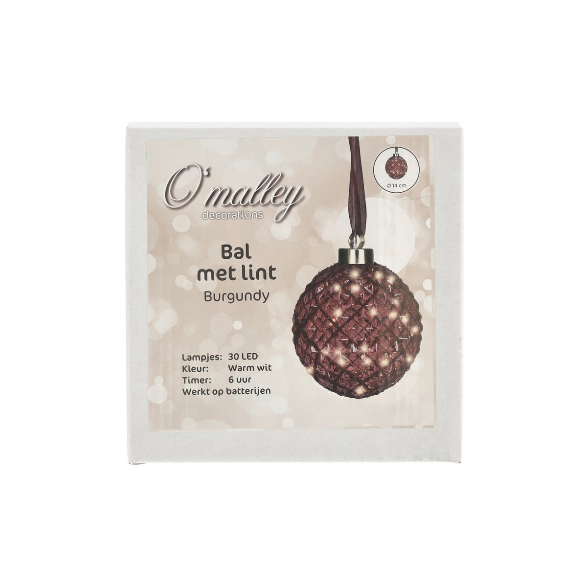 Bal met lint burgundy 14 cm 30 LED-warm wit Bal met lint burgundy 14 cm 30 LED-warm wit