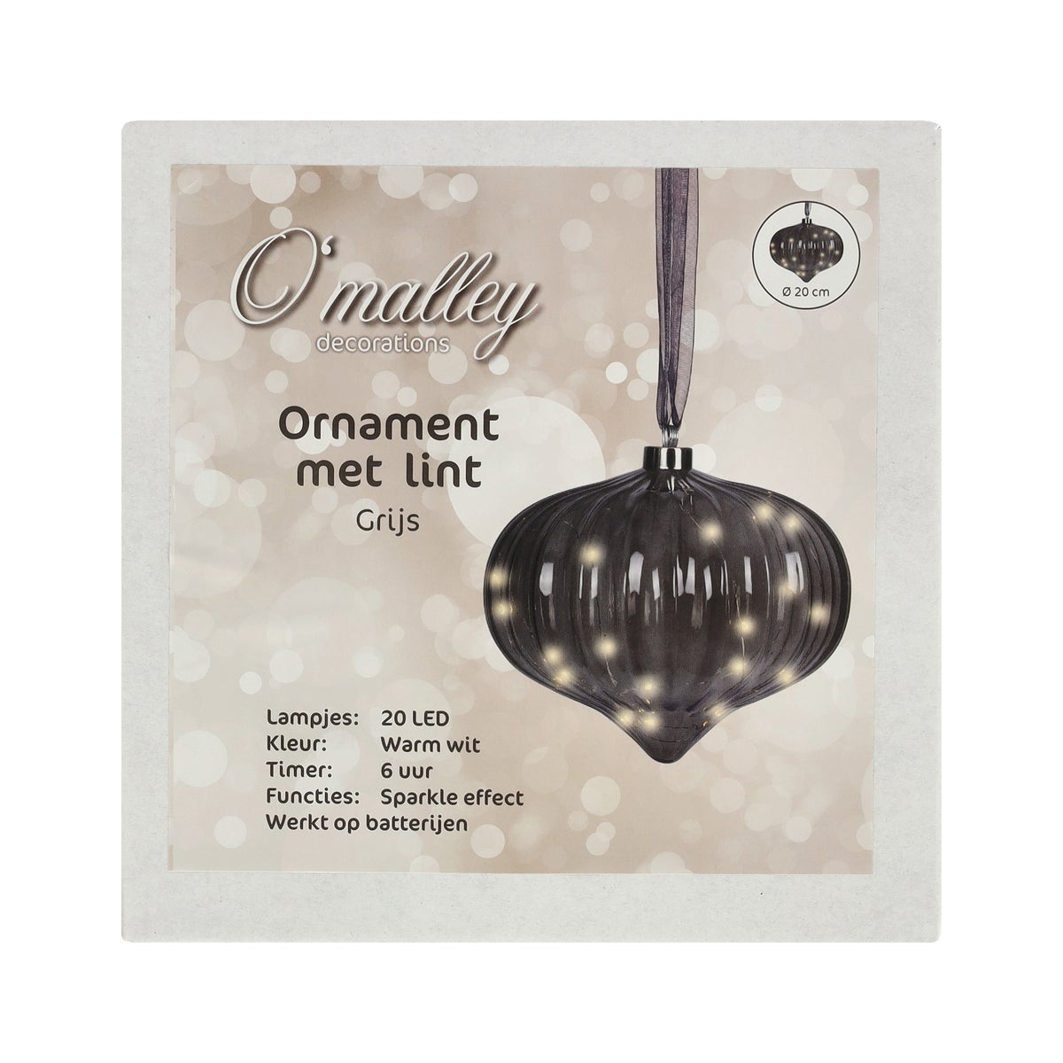 Ornament met lint grijs 21 cm 20 LED-warmwit Ornament met lint grijs 21 cm 20 LED-warmwit