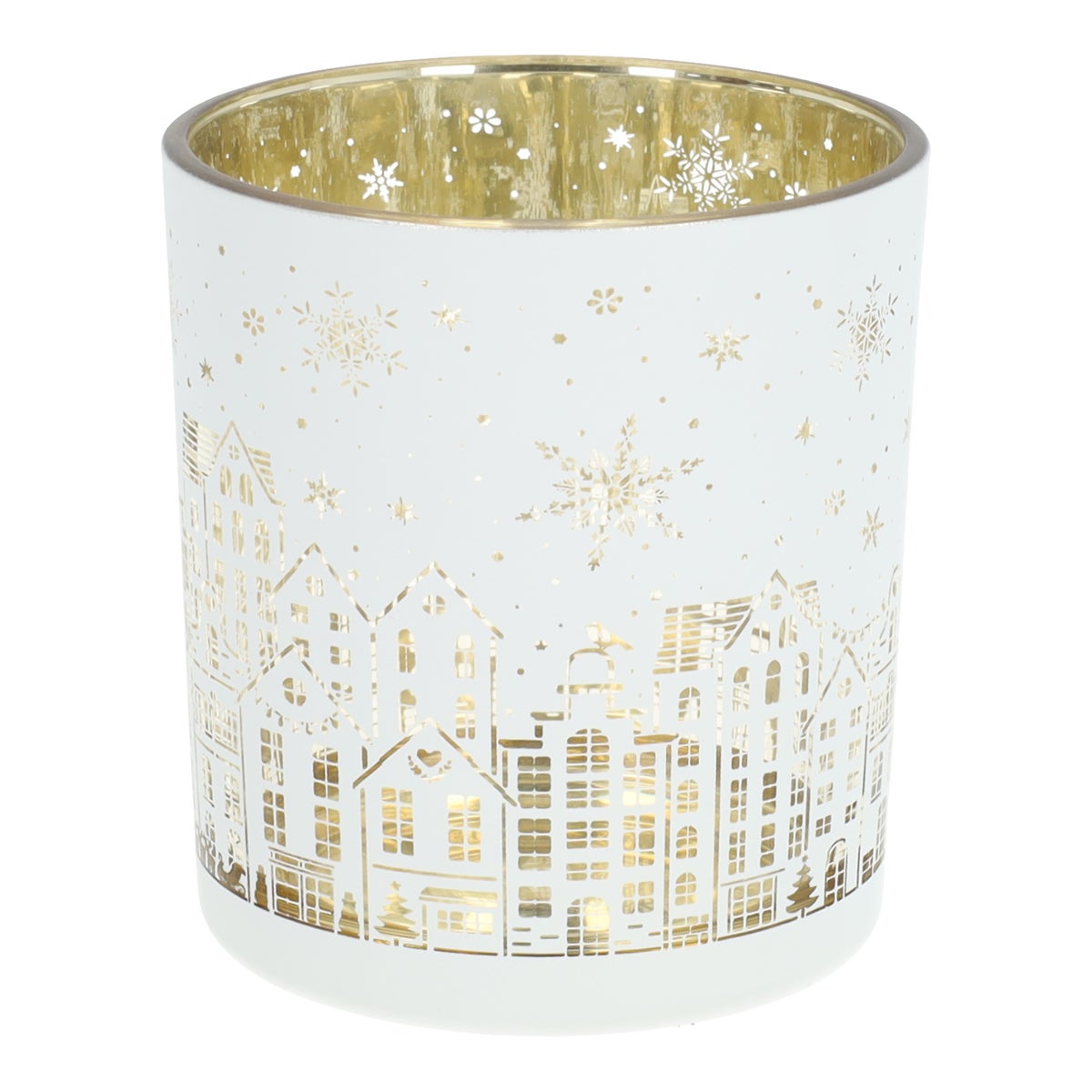 Theelichthouder huizen 8 cm wit-goud Theelichthouder huizen 8 cm wit-goud