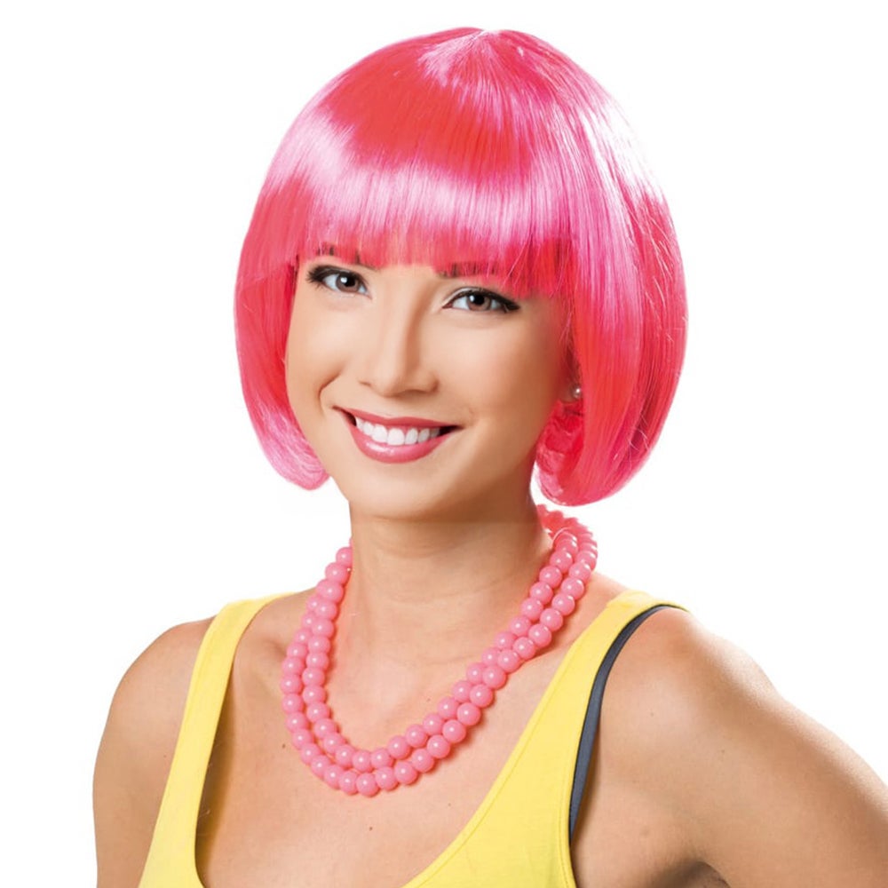 Pruik bob neon roze Pruik bob neon roze