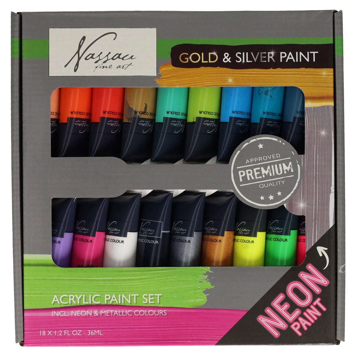 Arcylverfset fluor/metallic 18 stuks 36 ml Arcylverfset fluor/metallic 18 stuks 36 ml