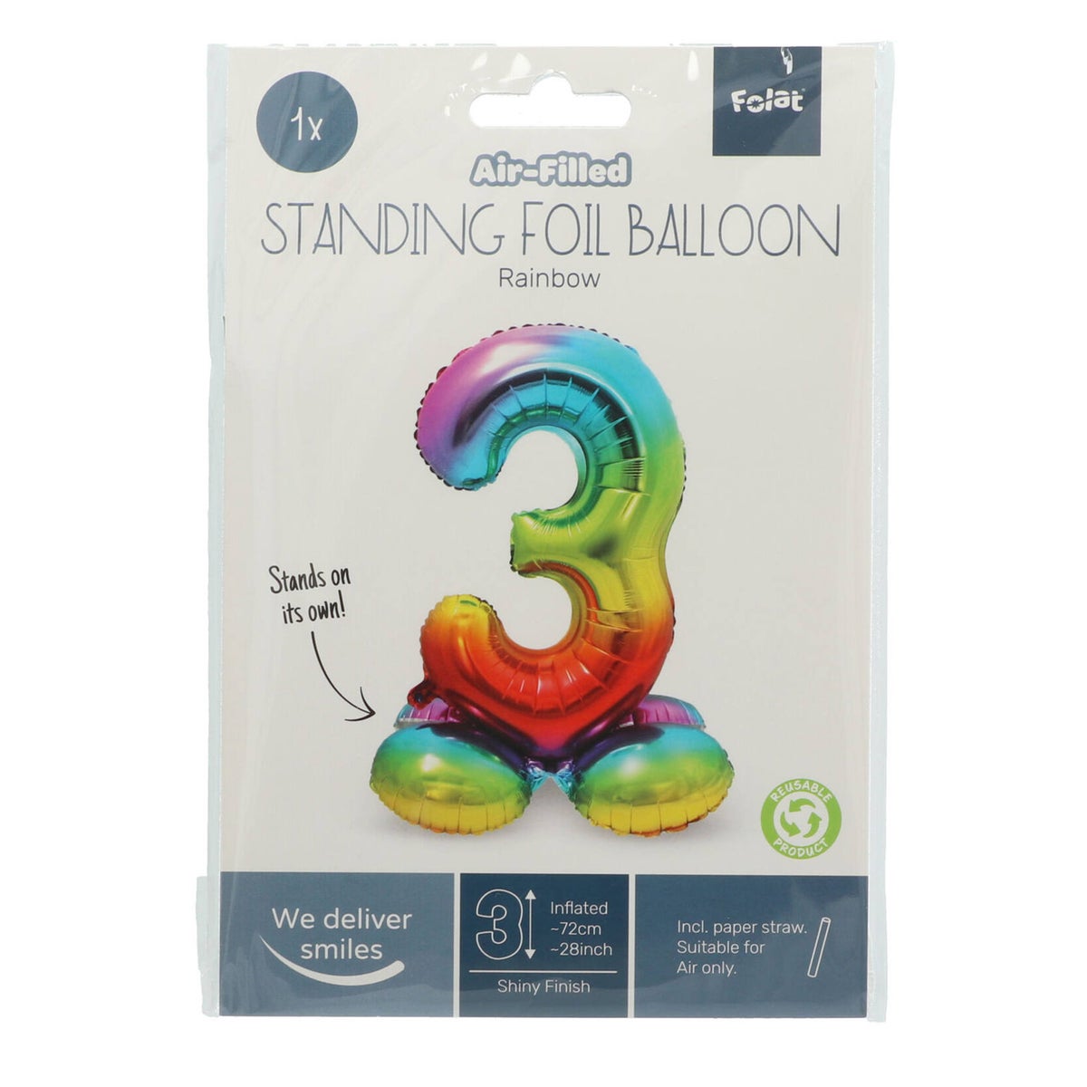 Folieballon 3 staand regenboog 80 cm Folieballon 3 staand regenboog 80 cm