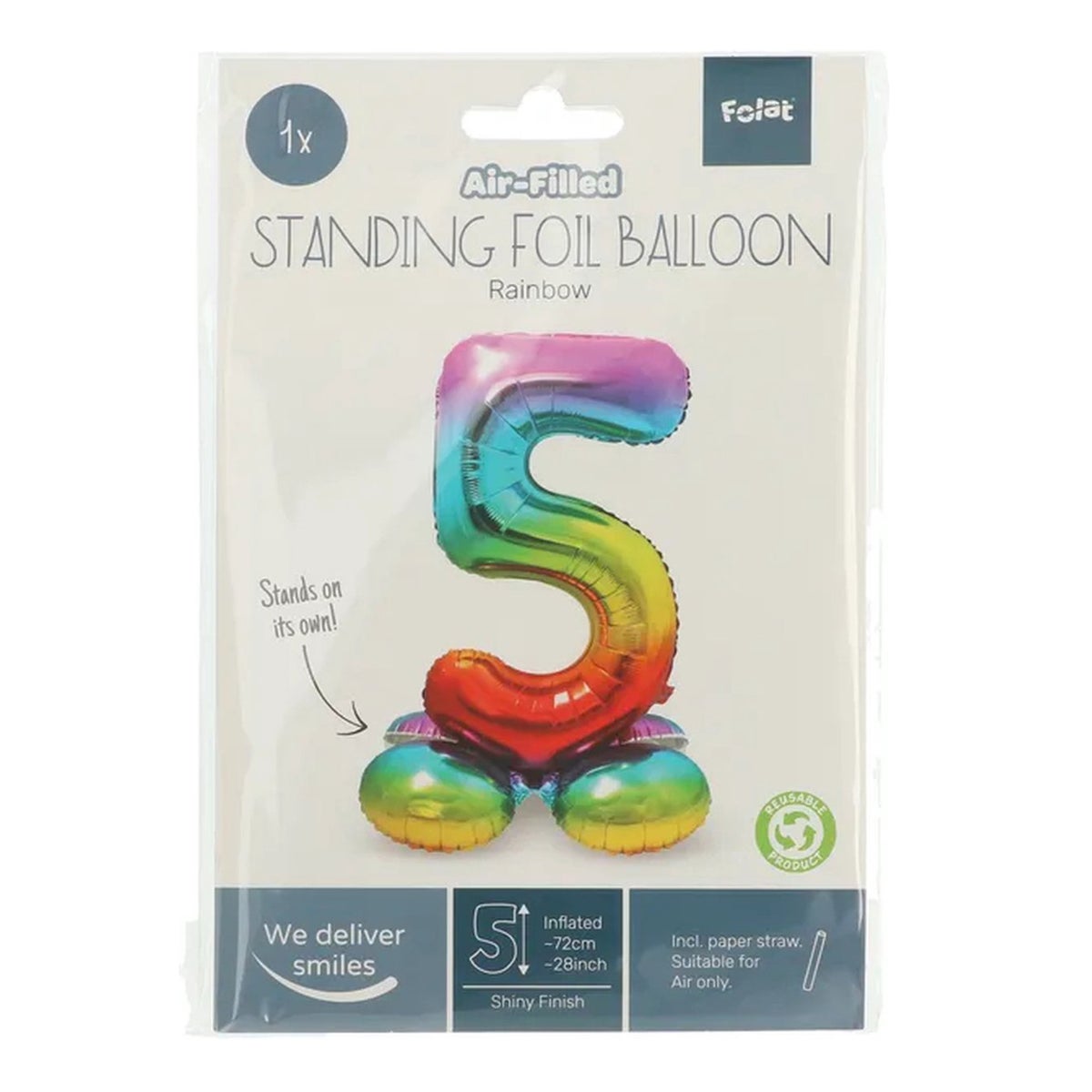 Folieballon 5 staand regenboog 80 cm Folieballon 5 staand regenboog 80 cm