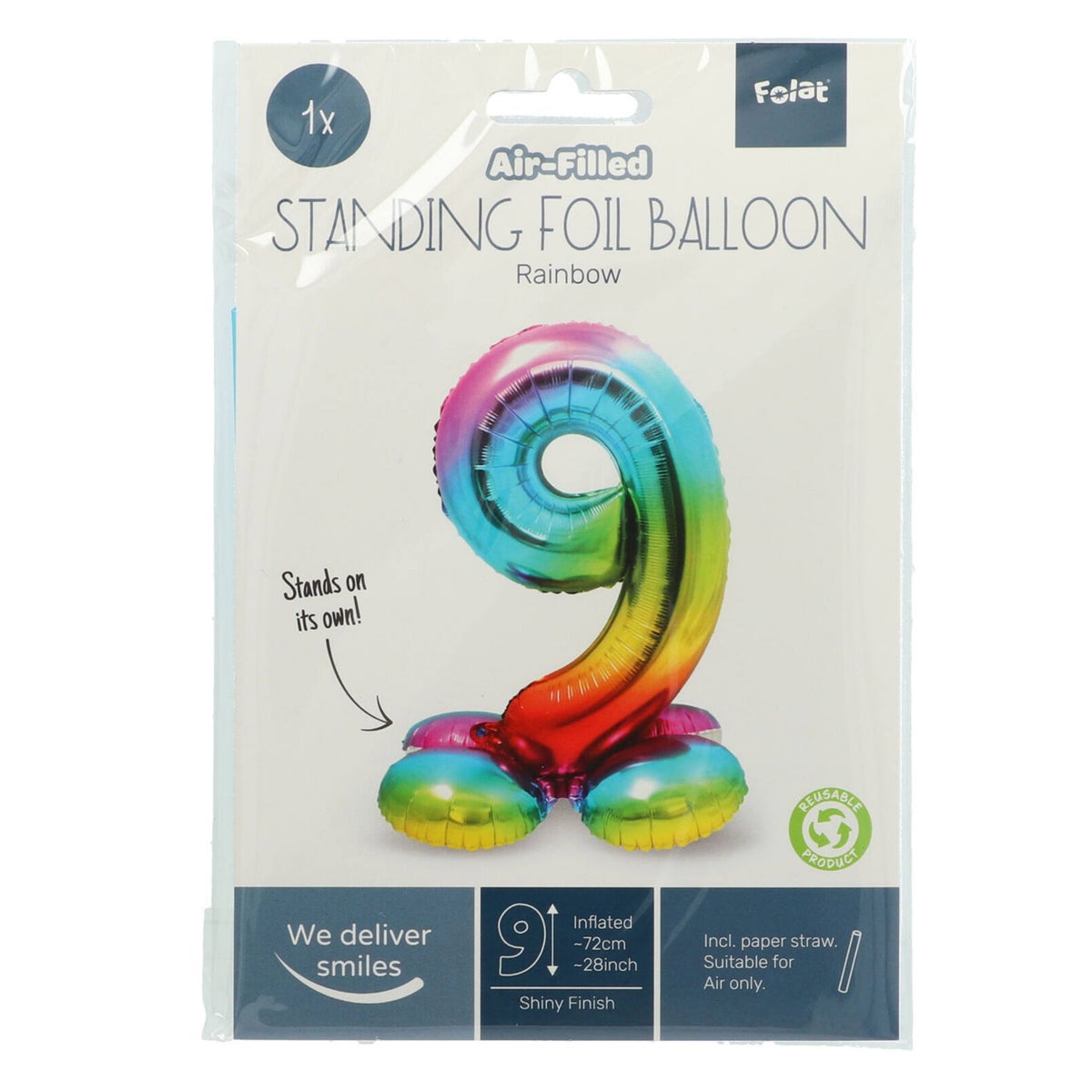 Folieballon 9 staand regenboog 80 cm Folieballon 9 staand regenboog 80 cm